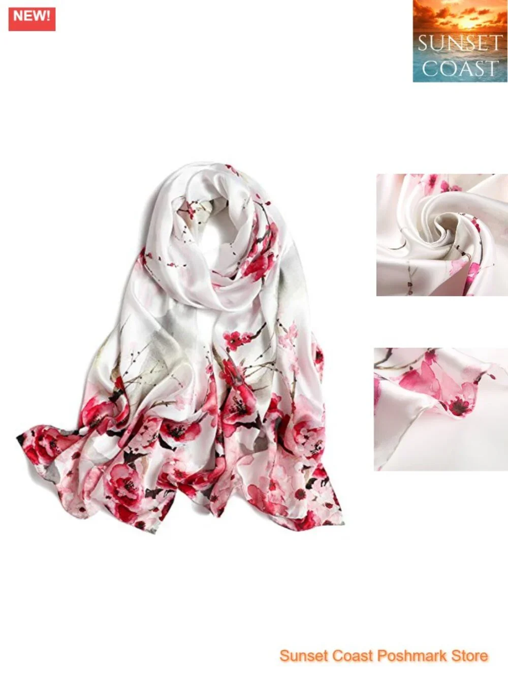 100% Mulberry Silk Floral Print Long Scarf Shawl Hair Wrap Gift Packed
